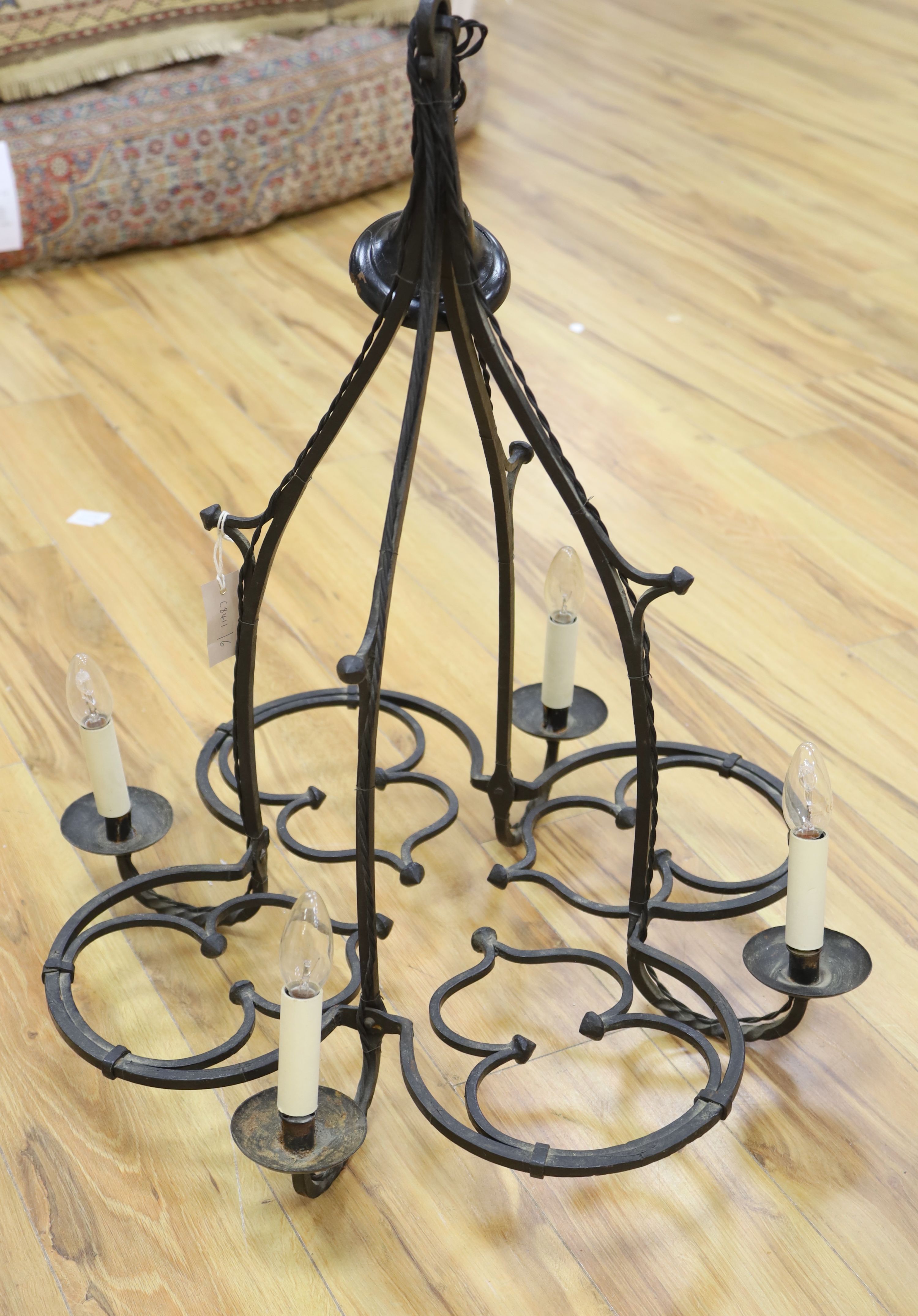A large Gothic-style wrought iron chandelier, drop 79cm excl. chain